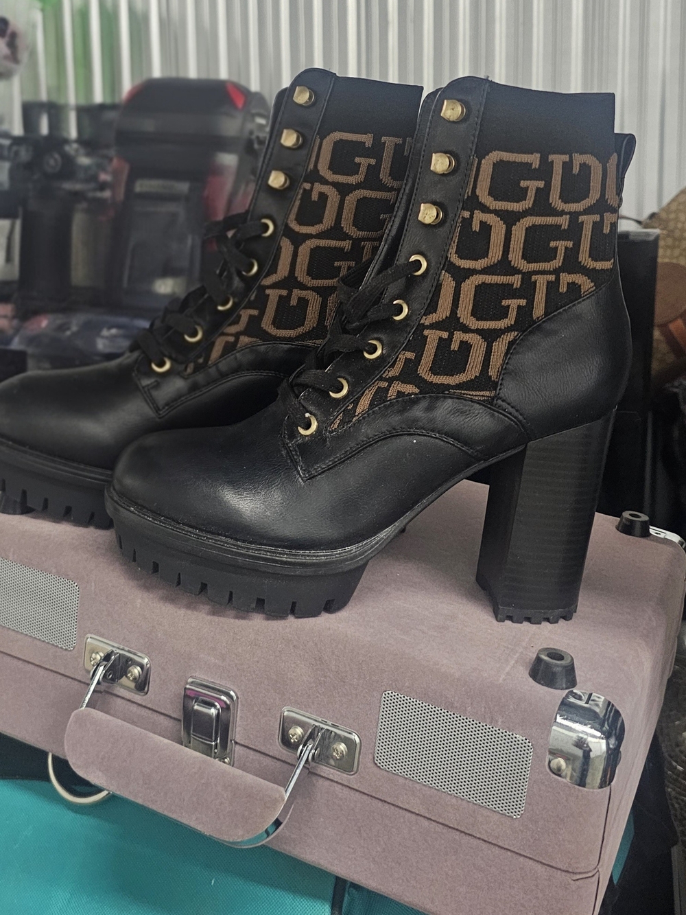 G by Guess Black Leather and Brown Logo Lace-Up Platform Ankle Boots